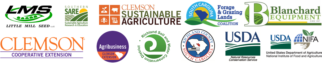 Workshop sponsor logos: Little Mill See, Southern SARE, Clemson SARE, SC Forage and Grazing Lands Coalition, Blanchard Equipment, Clemson Cooperative Extension, Clemson Extension Agribusiness, Richland Soil and Water Conservation District, Richland County, USDA-NRCS, and USDA-NIFA.