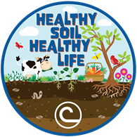 Round logo says Healthy Soil Healthy Life in blue text